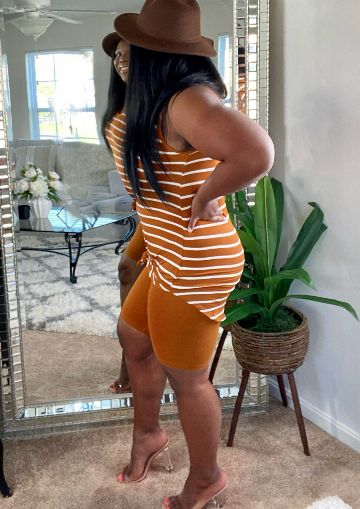 The ultimate stripe biker short set-ALMOND color left