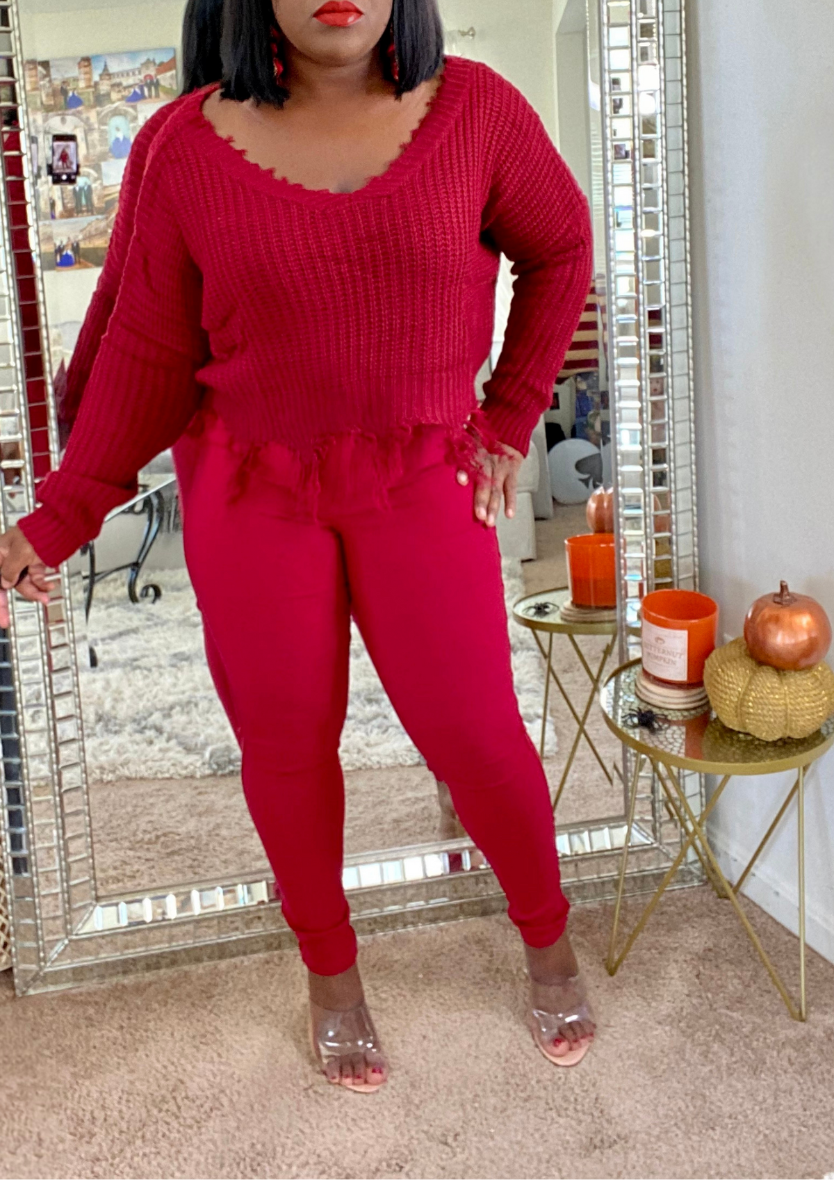 Frayed V Neck Sweater- Black Olive Burgundy
