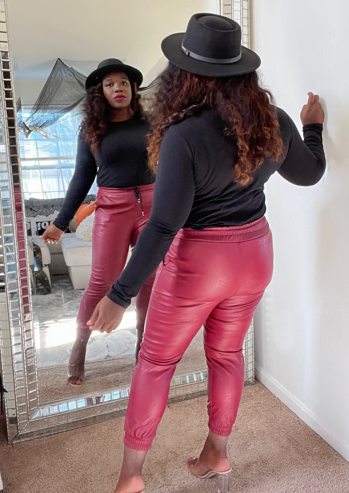 Faux Leather Jogger-Wine