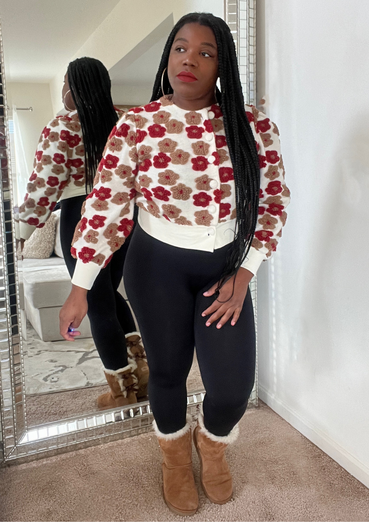Flower Bomber Jacket- Red/Tan