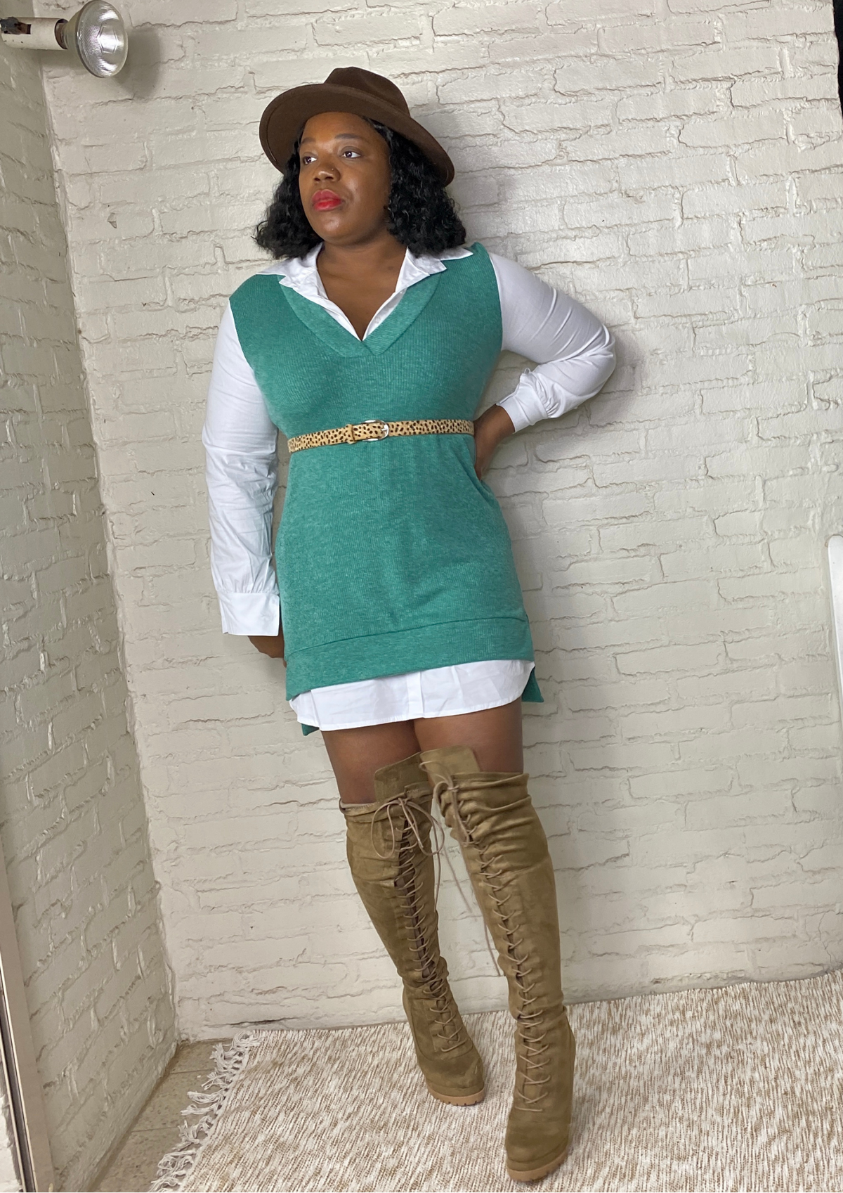 Preppy Girl All in One Shirt/Vest Dress-Green