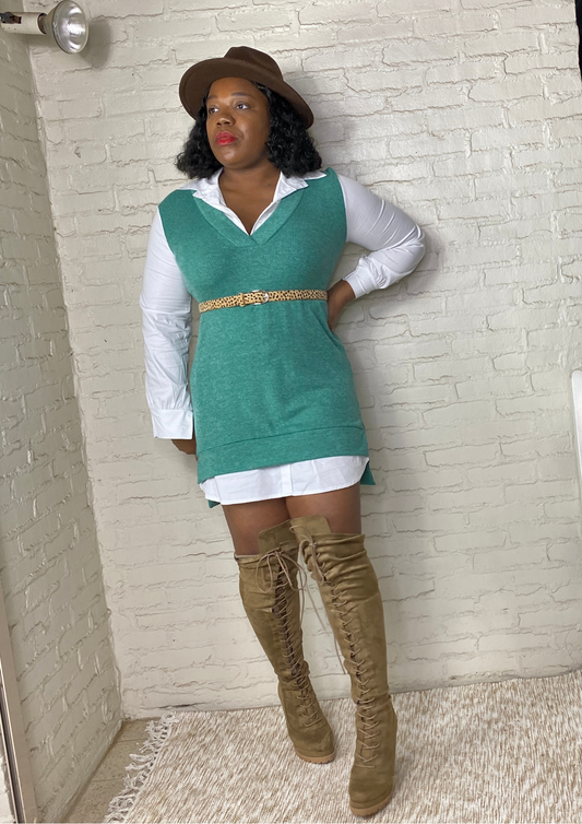 Preppy Girl All in One Shirt/Vest Dress-Green