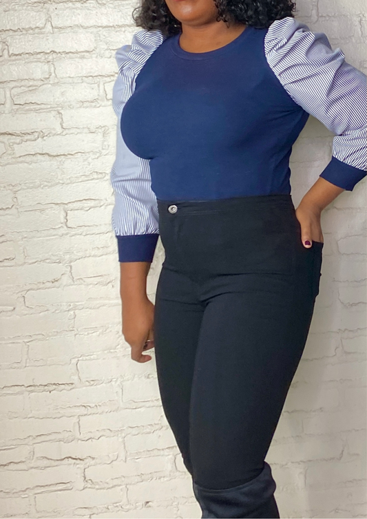 Power Puff Sleeve Blouse-Navy