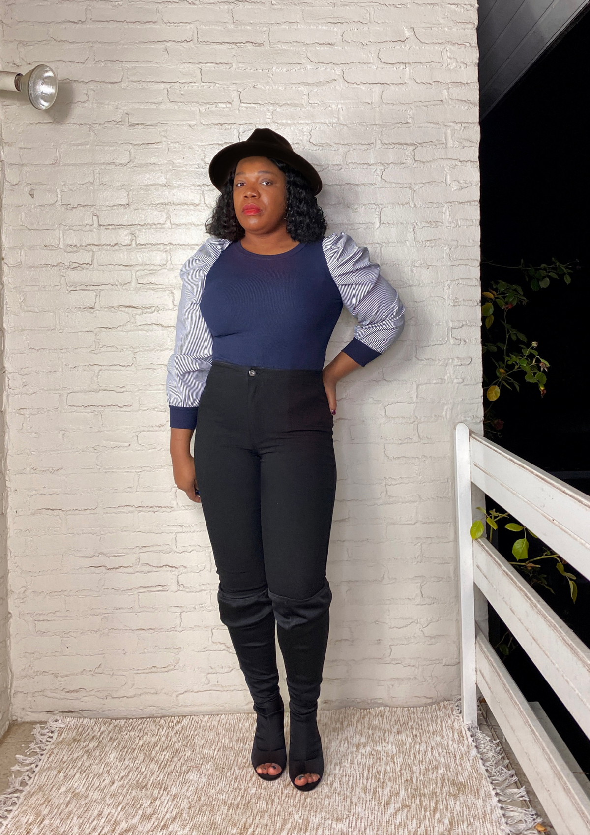 Power Puff Sleeve Blouse-Navy