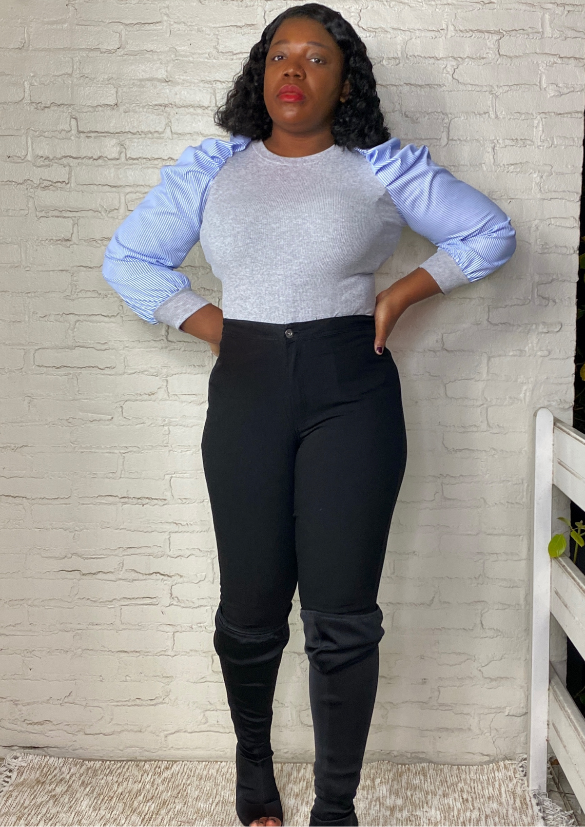 Power Puff Sleeve Blouse-Grey