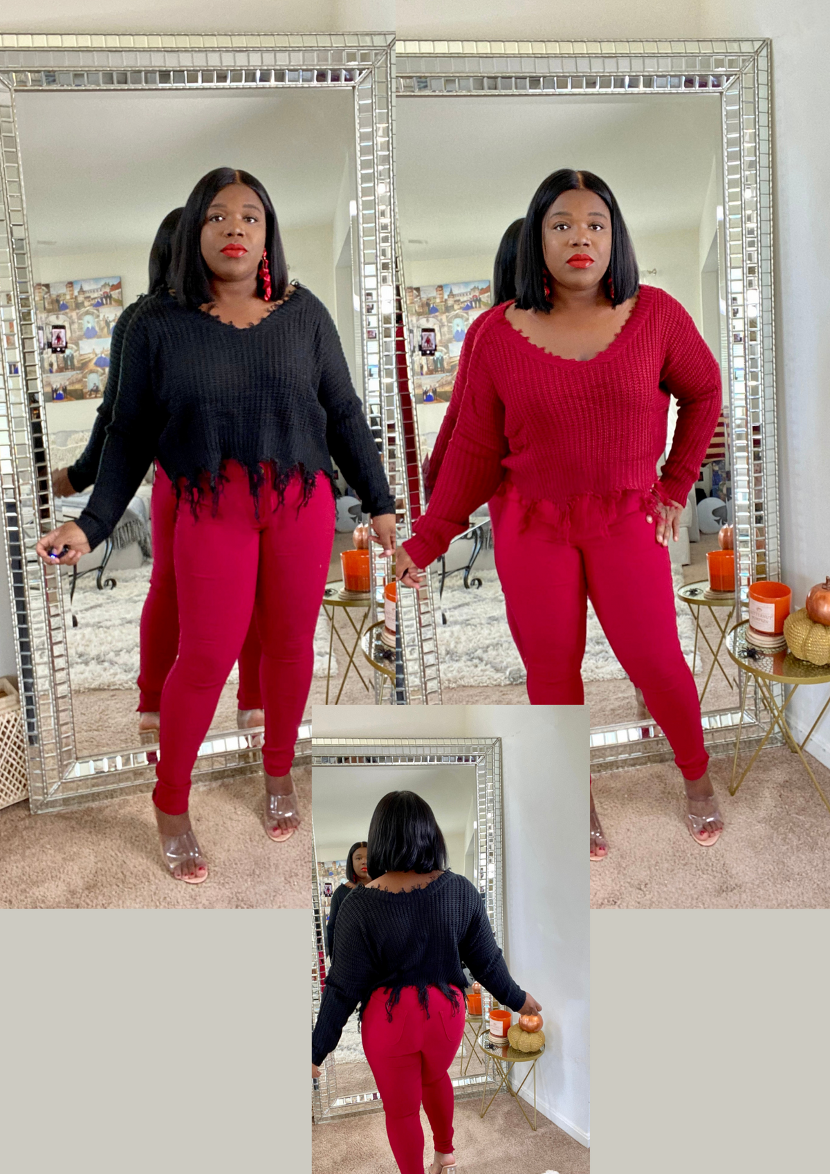 Frayed V Neck Sweater- Black Olive Burgundy