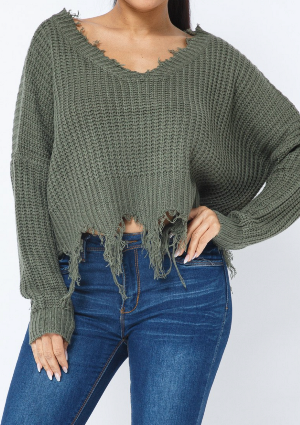 Frayed V Neck Sweater- Black Olive Burgundy