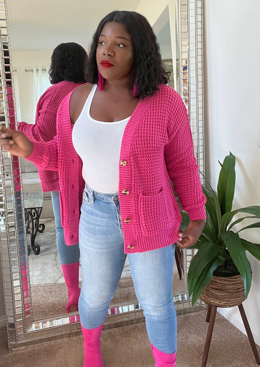 The Waffle Cardigan-Fuchsia