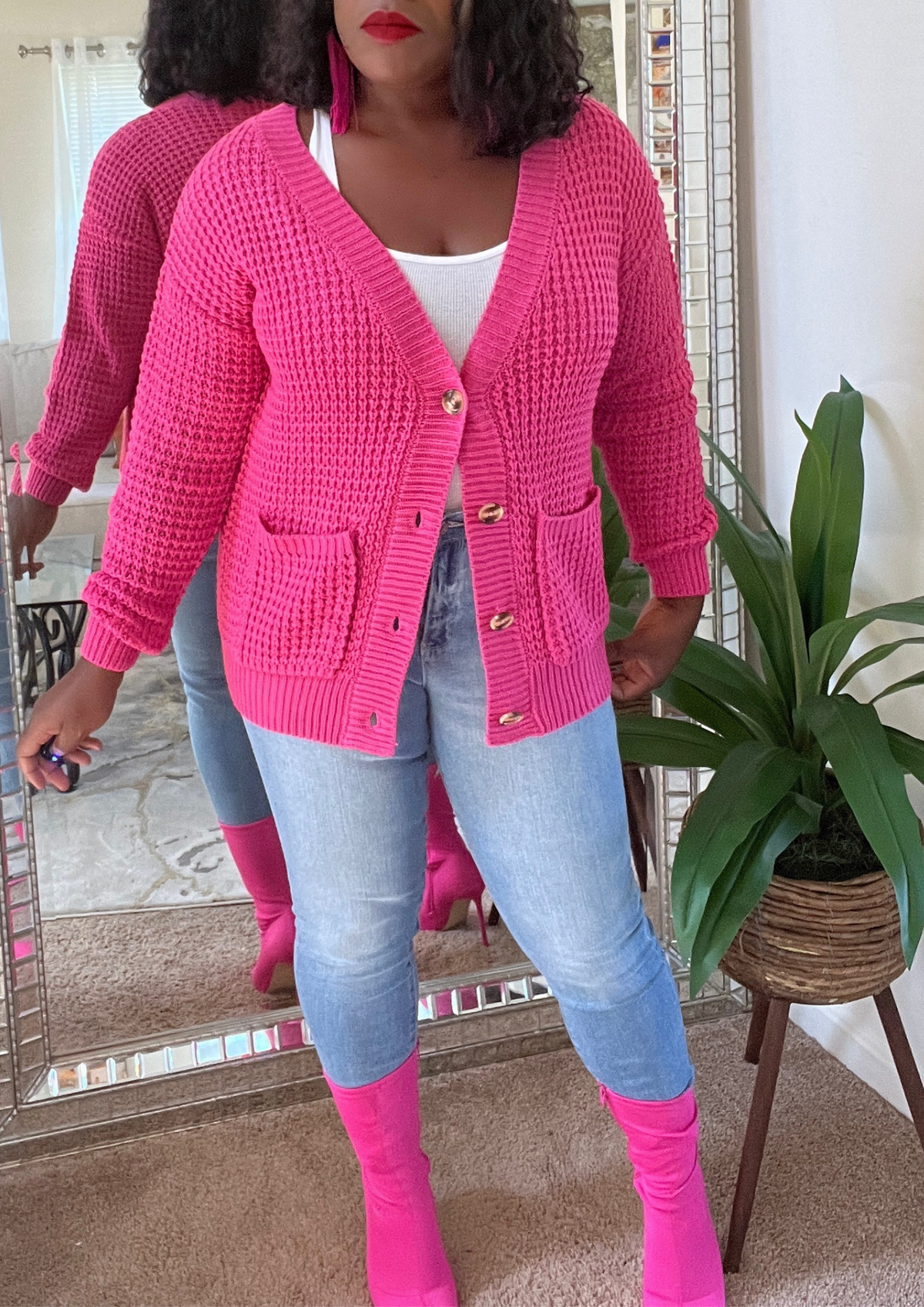 The Waffle Cardigan-Fuchsia